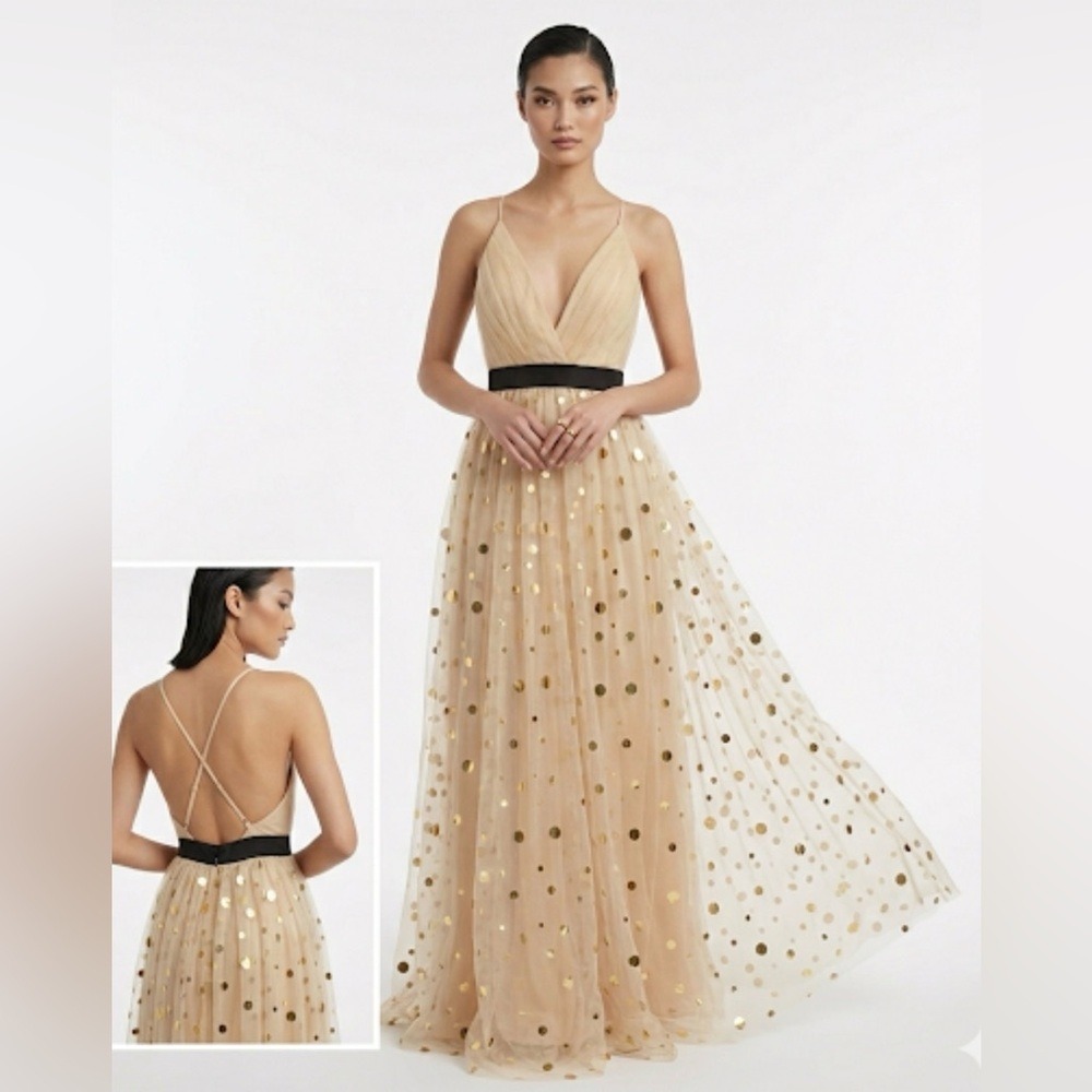 Apeach Gold Polka Dot Sequin Tulle‎ Maxi Gown Champagne Black CD20993 Large NEW
